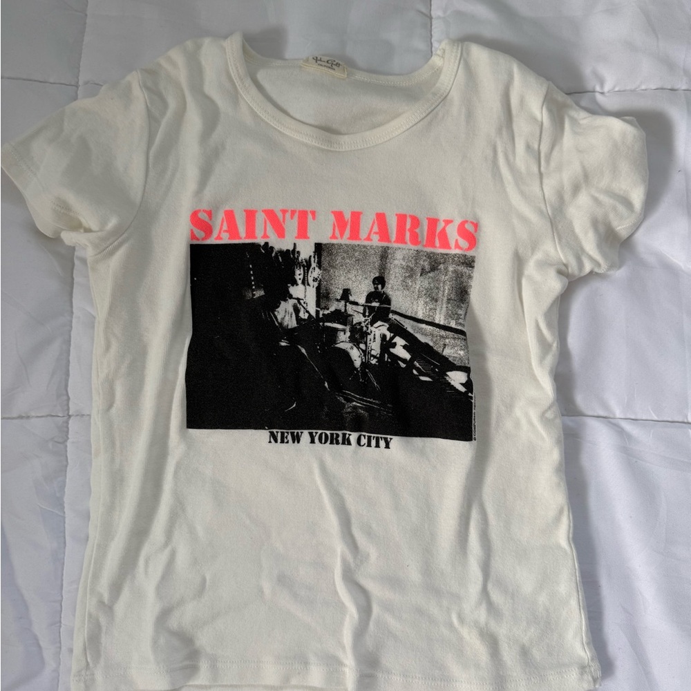 Brandy Melville Cream Graphic Tee with Pink Accents